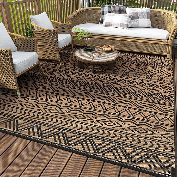 MontVoo Outdoor Rug 8x10 Waterproof Outdoor Patio Rug Mat Reverisble Plastic Straw Outdoor Rug for RV Camping Picnic Beach Balcony Boho Black Brown