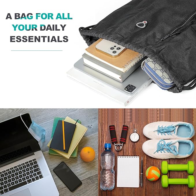 Drawstring Backpack Sports Gym Bag for Women Men Large Size With Two Zipper Pockets and Water Bottle Mesh Pockets