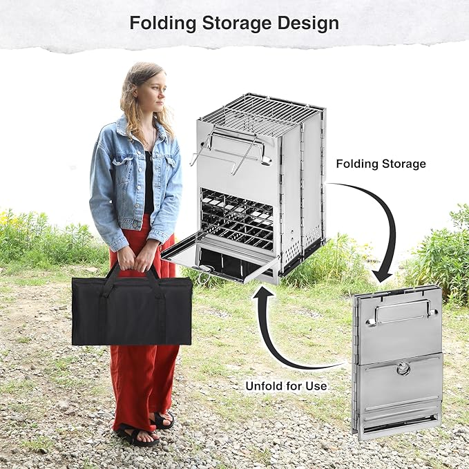 REDCAMP Wood Burning Folding Camp Stove Stainless Steel Grill, Extra High Portable Collapsible Backpacking Stove Survival Rocket Stove for Hiking Outdoor Tent Camping Picnic BBQ, Large