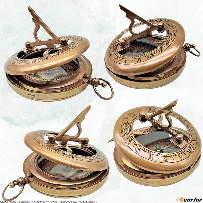 Nautical Sunclock Compass Handmade Solid Brass Vintage Style Sundial Push Open Navigational Compass with Leather Gift Case Best for Your Loved Ones