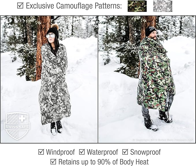 Swiss Safe Emergency Mylar Thermal Blankets + Bonus Space Blanket - Compact & Insulated for Cold Weather - Designed for NASA, Outdoor Camping, Survival, First Aid Car Kit - Woodland Camo, 4 Pack