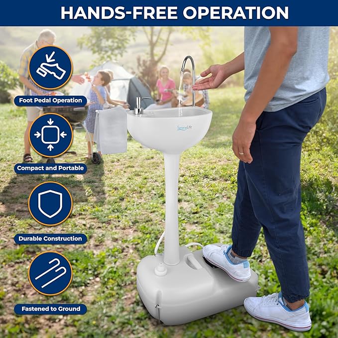 SereneLife Portable Camping Sink w/Towel Holder & Soap Dispenser-19L Water Capacity Hand Wash Basin Stand w/Rolling Wheels-for Outdoor Events, Gatherings, Worksite & Camping- SLCASN18, Standard, White