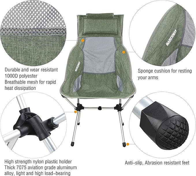 MARCHWAY Lightweight Folding High Back Camping Chair with Headrest, Portable Compact for Outdoor Camp, Travel, Picnic, Festival, Hiking, Backpacking (Highback Green)
