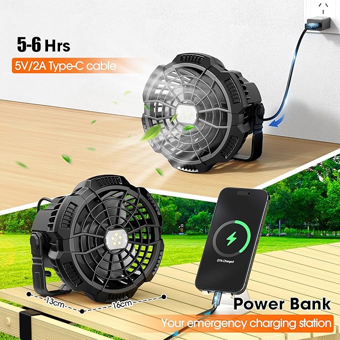 15000mAh Portable Camping Fan with Lantern, Rechargeable Battery Operated Fans with Hook, Glamping Tent Hanging Fan for RV Travel,Car Camping Essentials Accessories,Hiking Gear,Hurricane Survival Gear