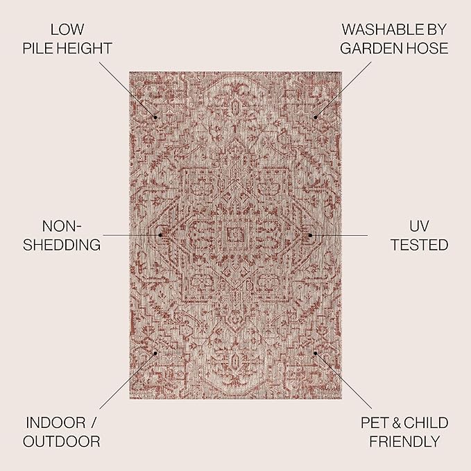JONATHAN Y SMB105A-6SQ Estrella Bohemian Medallion Textured Weave Red/Taupe 6' Square Indoor/Outdoor Area Rug, Pet Friendly, Non-Shedding, Stain Resistant, Easy-Cleaning for Backyard, Patio, Porch