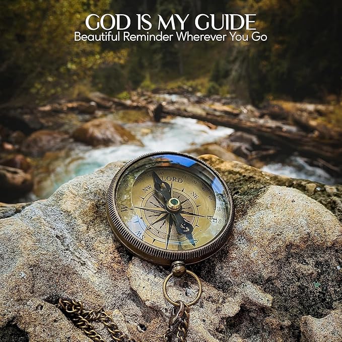 God is My Guide Brass Compass Gift with Display Box - Engraved Scripture Prayer Compass Religious Gift for Men & Women - Baptism, Confirmation, Communion Compass for Boys Graduation Gift