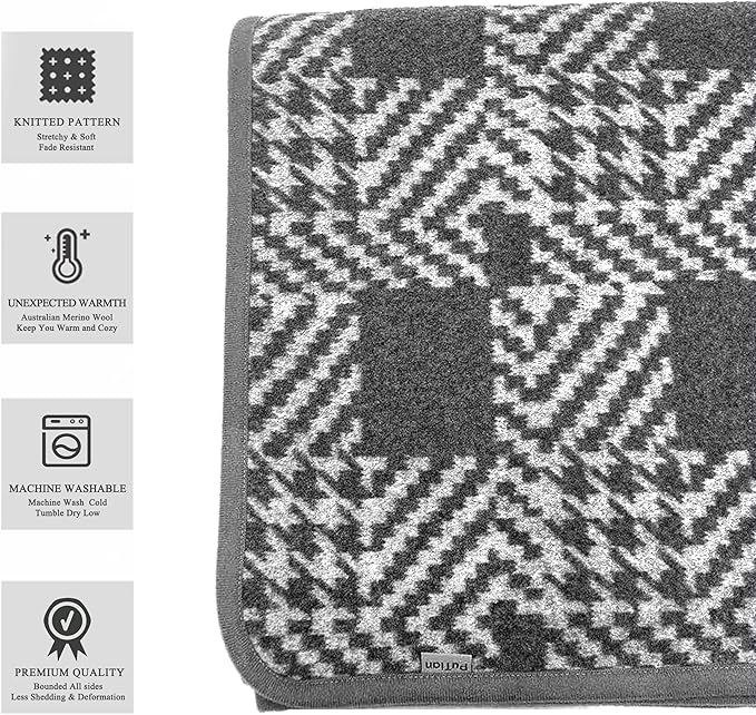 PuTian Merino Wool Blanket - 63" x 51" Thick Warm Soft Twin Bed Throw - Great for Camping, Outdoors, Travel, Car, Couch, All Seasons Houndstooth Grey
