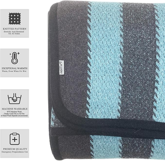 PuTian Merino Wool Blanket - 63" x 51" Thick Warm Soft Twin Bed Throw - Great for Camping, Outdoors, Travel, Car, Couch All Seasons Blue Stripe