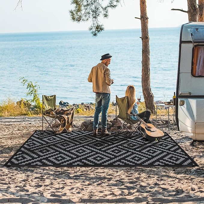 GENIMO Outdoor Rug for Patio Clearance,9'x12' Waterproof Large Mat,Reversible Plastic Camping Rugs,Rv,Porch,Deck,Camper,Balcony,Backyard,Black & Gray