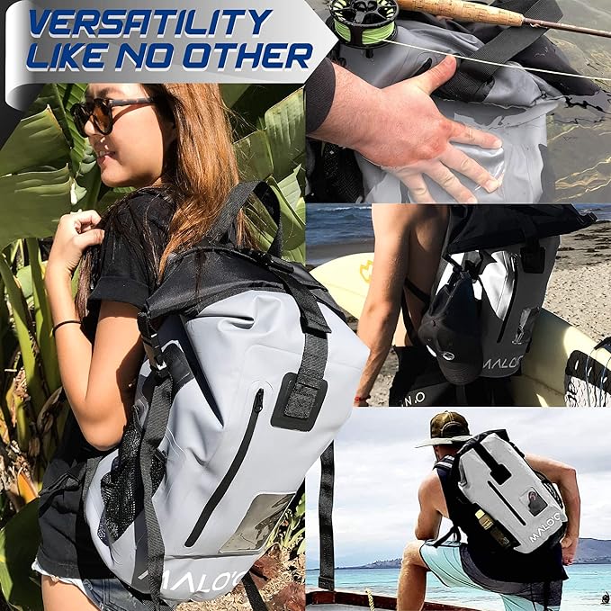 Malo'o 30L Waterproof Roll-Top Backpack - Ideal for Beach, Backpacking, Fishing, and Kayaking - Heavy-Duty Beach and Boat Accessory