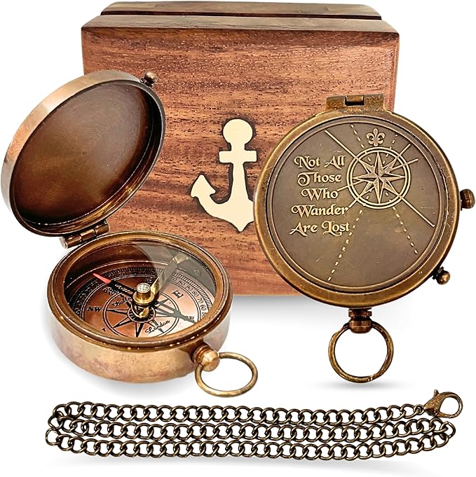 Authentic Antique Compass Presented in Artisan Wooden Box - A Treasure for Adventurers Navigate with Heritage and Class, 2 inch