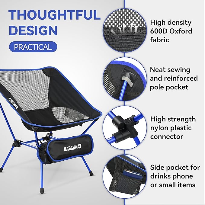 MARCHWAY Ultralight Folding Camping Chair, Heavy Duty Portable Compact for Outdoor Camp, Travel, Beach, Picnic, Festival, Hiking, Lightweight Backpacking (Dark Blue)