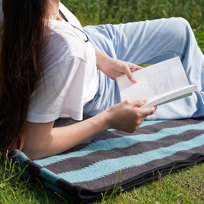 PuTian Merino Wool Blanket - 87" x 63" Thick Warm Soft Large Bed Throw - Great for Camping, Outdoors, Travel, Car, Couch, All Seasons Blue Stripe