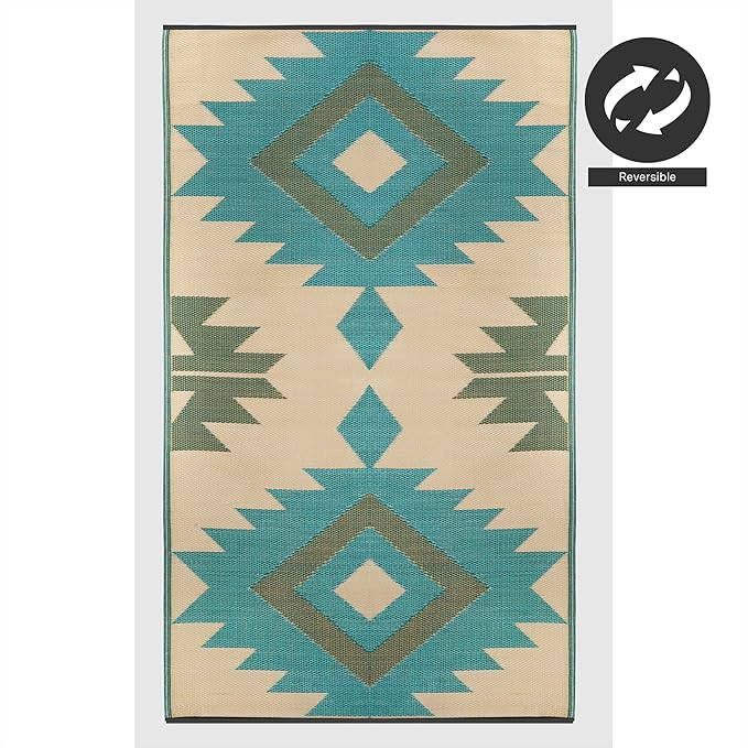 FH Home Outdoor Rug - Waterproof, Fade Resistant, Reversible - Premium Recycled Plastic - Geometric - Patio, Deck, Porch, Balcony - Bursa Kilim - Teal Crease Free - 6 x 9 ft