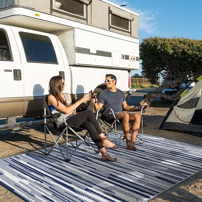 GENIMO Outdoor Rug for Patio Clearance, 9'x12' Waterproof Camping Mat, Reversible Plastic Straw Rugs for RV, Camper, Balcony, Backyard, Picnic, Deck (Blue White)