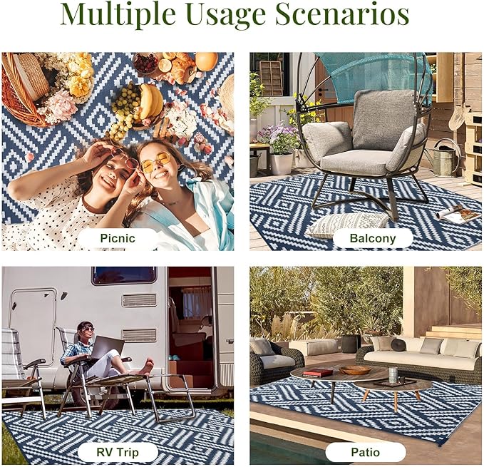 OPPODREAM Outdoor Rug 5x8 Ft, Waterproof Outdoor Plastic Straw Rug for Patio, Reversible Out Door Carpet for Camping, Deck, Rv, 5 x 8 Area Carpet for Balcony, Porch, Backyard, White and Navy Blue