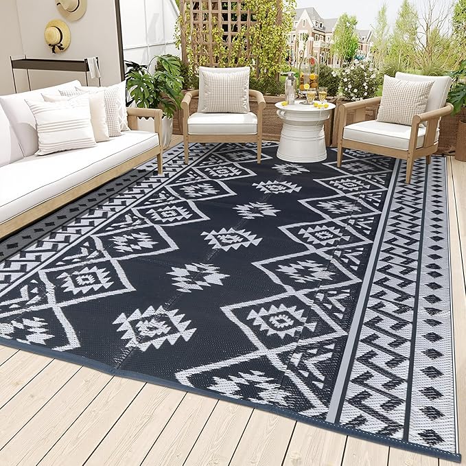 LILIOFFIC Outdoor Rug 9x12 ft, Waterproof Outdoor Plastic Straw Rug for Camping, Large RV Mat Outside, Outdoor Carpet for Deck, Backyard, Balcony, Picnic, with 4 Stakes, Grey