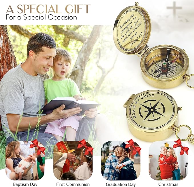 God is My Guide Brass Compass Gift with Display Box - Engraved Scripture Prayer Compass Religious Gift for Men & Women - Baptism, Confirmation, Communion Compass for Boys Graduation Gift