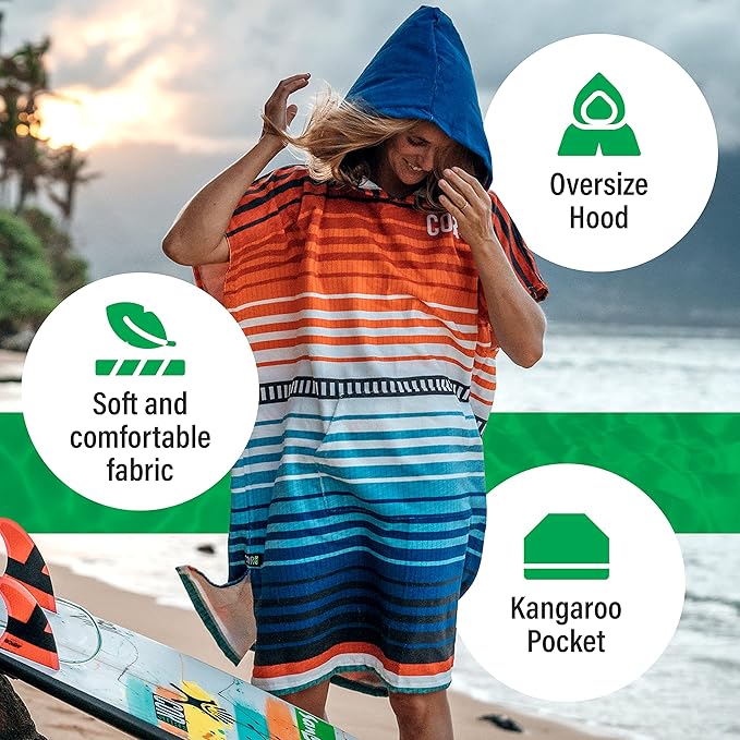 COR Surf Poncho Changing Towel Robe with Hood and Front Pocket, Made of Quick Dry Microfiber (Light Blue - Medium)