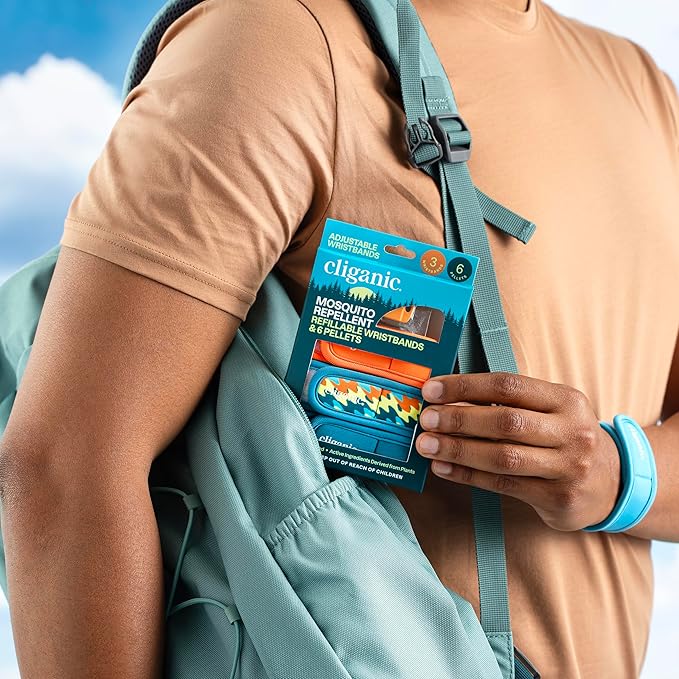 Cliganic Mosquito Repellent Pack (2 Wristbands + 4 Refill Pellets) - Adjustable, Natural DEET-Free, Essential Oil Infused
