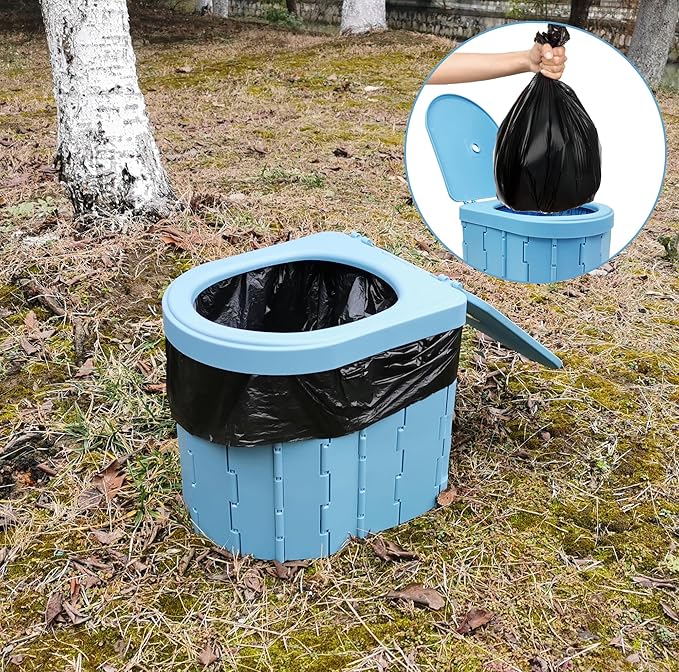 Upgrade Portable Foldable Toilet, Outdoor Toilet for Camping Hygiene & Sanitation, Emergency Potty for Truck Travel Hiking Fishing Long Trip, Floding Toilet with lid, storage bag, and 15 pc trash bags