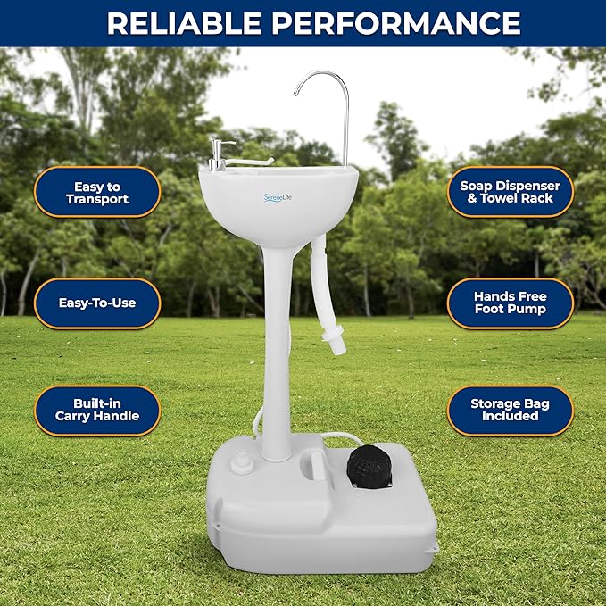 SereneLife Portable Camping Sink w/Towel Holder & Soap Dispenser-19L Water Capacity Hand Wash Basin Stand w/Rolling Wheels-for Outdoor Events, Gatherings, Worksite & Camping- SLCASN18, Standard, White