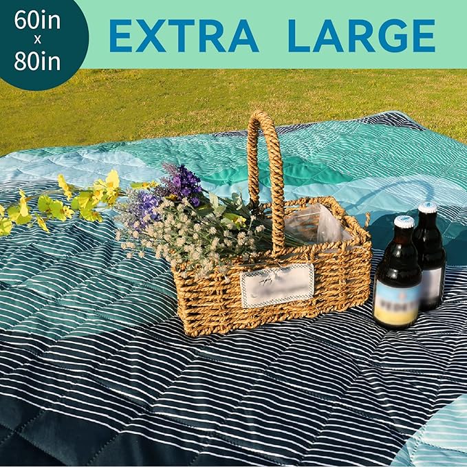 Whale Flotilla Extra Large Outdoor Picnic Blanket (60”x80”), Foldable Waterproof Sand Beach Mat Camping Blankets, Lightweight Soft Handy Mat Tote for Park Hiking Travel, Green