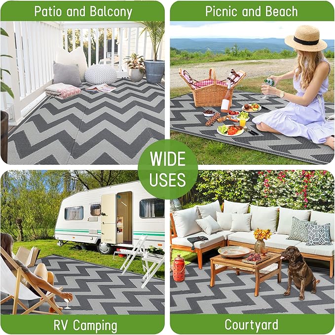 Easy-Going Reversible Outdoor Rugs 9x12ft Waterproof Plastic Straw Rug Stain & UV Resistant Floor Mat for Patio Porch RV Backyard Pool Deck Picnic Beach Trailer Camping (Waved Grey & Light Grey)
