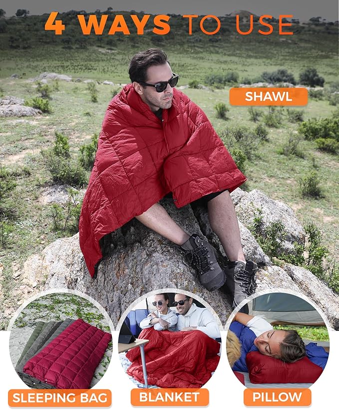 KingCamp Ultralight Camping Blanket, Packable Down Alternative Puffy Wearable Blankets Weatherproof Warm Package Quilt with Snap Buttons for Outdoor Hiking Travel Picnic Stadium (80"L x 60"W, CRIMSON)