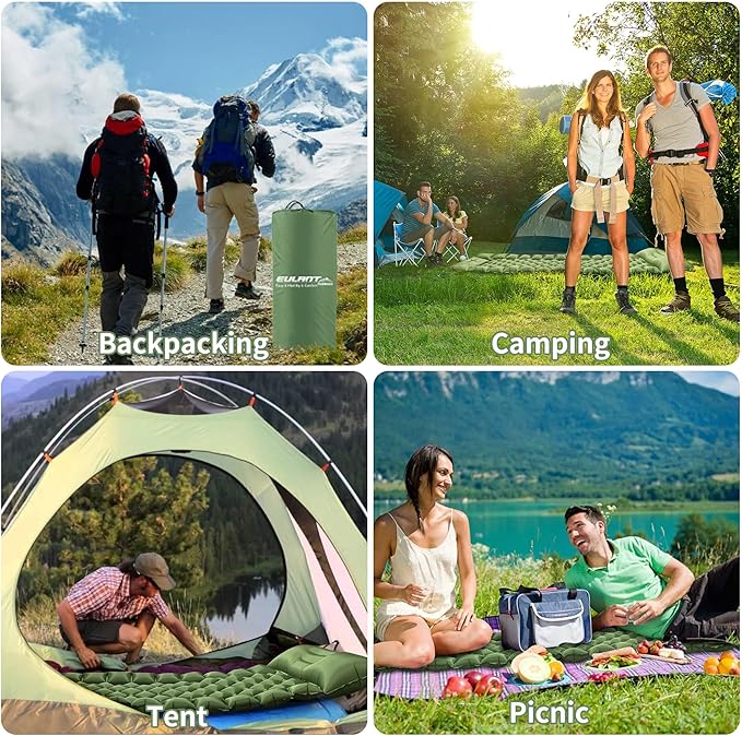 Single Sleeping Pad for Camping, Ultralight Inflatable Sleeping Mat with Pillow and Built-in Foot Pump, Portable Camping Mattress for Tent, Backpacking, Hiking, Traveling(Green)