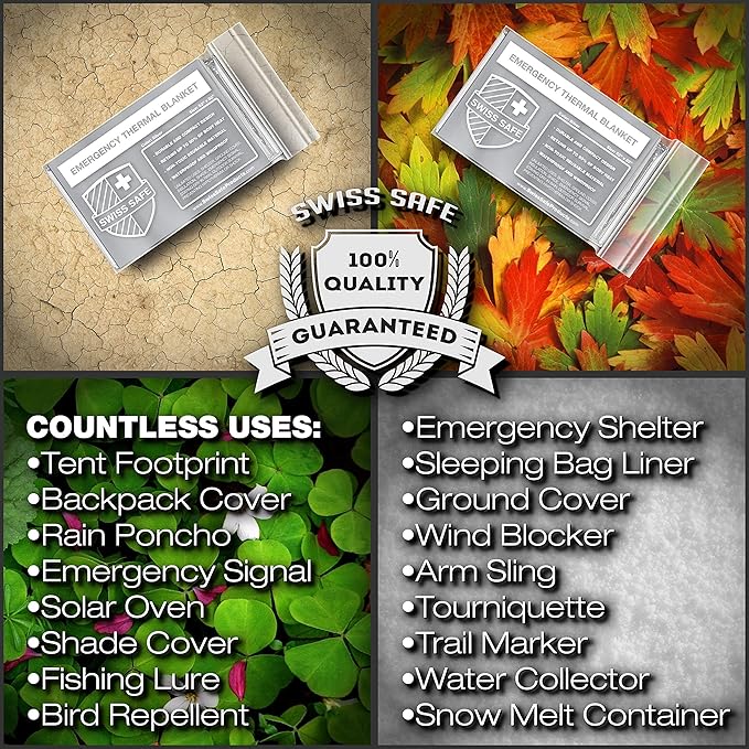 Swiss Safe Emergency Mylar Thermal Blankets + Bonus Space Blanket - Compact & Insulated for Cold Weather - Designed for NASA, Outdoor Camping, Survival, First Aid Car Kit - Silver, 10 Pack