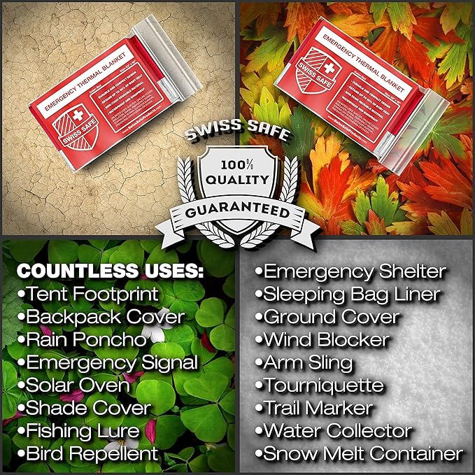 Swiss Safe Emergency Mylar Thermal Blankets + Bonus Space Blanket - Compact & Insulated for Cold Weather - Designed for NASA, Outdoor Camping, Survival, First Aid Car Kit - Red, 4 Pack