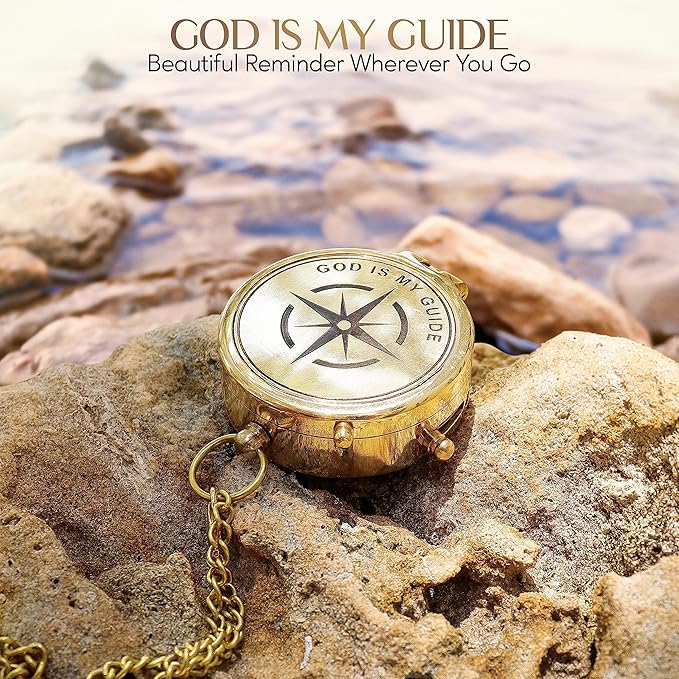 God is My Guide Brass Compass Gift with Display Box - Engraved Scripture Prayer Compass Religious Gift for Men & Women - Baptism, Confirmation, Communion Compass for Boys Graduation Gift