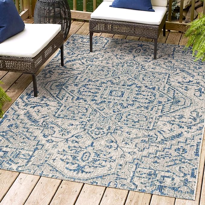 JONATHAN Y SMB105B-8 Estrella Bohemian Medallion Textured Weave Indoor/Outdoor Navy/Gray 8 ft. x 10 ft. Area Rug Coastal, Easy Cleaning, for High Traffic, Kitchen, Living Room, Backyard, Non Shedding