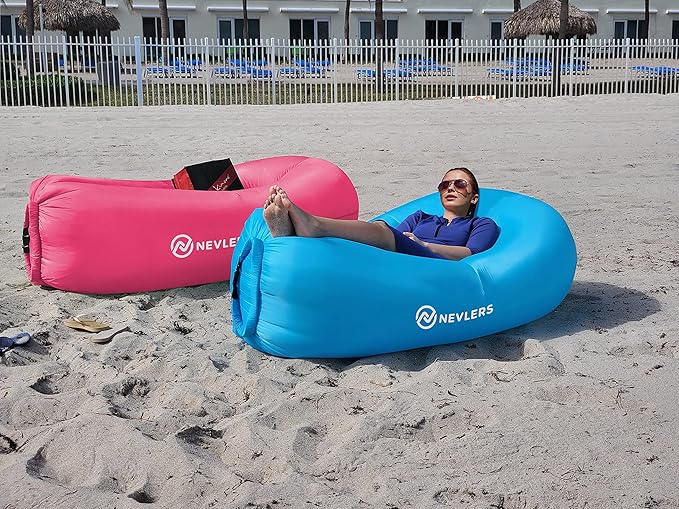 Nevlers 2 Pack Inflatable Loungers Air Sofa Couch | Perfect for Beach Chair Camping Chairs or Portable Hammock |Travel Bag Pouch, Pegs & 3 Pockets| Movie Seating & Camping Accessories Blow Up Lounger