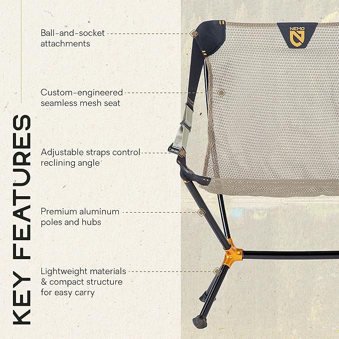 NEMO Moonlite Reclining Camp Chair | Portable Backpacking and Camping Chair with Adjustable and Foldable Options, Coriander