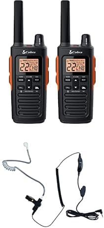 Cobra RX680 Waterproof Walkie Talkies for Adults & Compatible Cobra GA-SV01 2P Surveillance Headset Microphone: Rechargeable, 60 Preset Channels, 38-Mile Range, Two-Way Radio Set, 2-Pack, Black/Orange