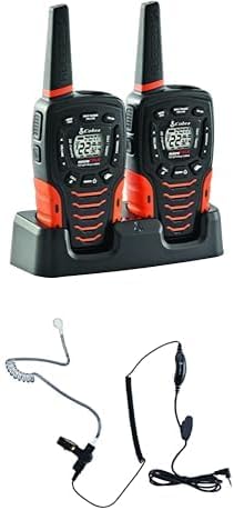 Cobra ACXT645 Waterproof Walkie Talkies for Adults with Compatible Cobra Surveillance Headset Microphone: Rechargeable, 22 Channels, 35-Mile Range, 2 Two-Way Radios, 2 Headsets, Black/Orange
