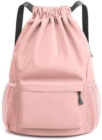 Sports Drawstring Backpack String Swimming Gym Bag Backpack with Shoes Compartment and Pocket for Men Women（pink