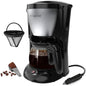 Portable Coffee Maker for Travel Camping Car, Ground Coffee Machine Single Serve with 5 Cup Glass Carafe for Traveling, RV, Office, Home and Dorm, 12V, Sliver Black