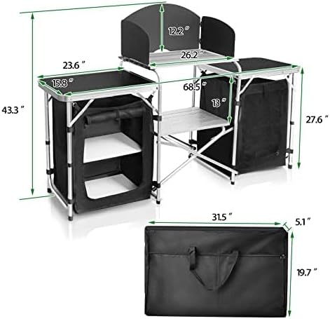 Camping Kitchen Table, Portable Aluminum Outdoor Cooking Station with 3 Storage Cupboards, Outdoor Cooking Table Ideal for Beach BBQ RV Traveling Camping Kitchen and Party (Black)
