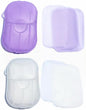 100Pcs Blue Portable Soap Sheets, Mini Portable Travel Soap Paper Sheets Disposable Water Soluble Hand Washing Bath Scented Paper Soap Camping Hiking and Shampoo for Outdoor(White&Purple)