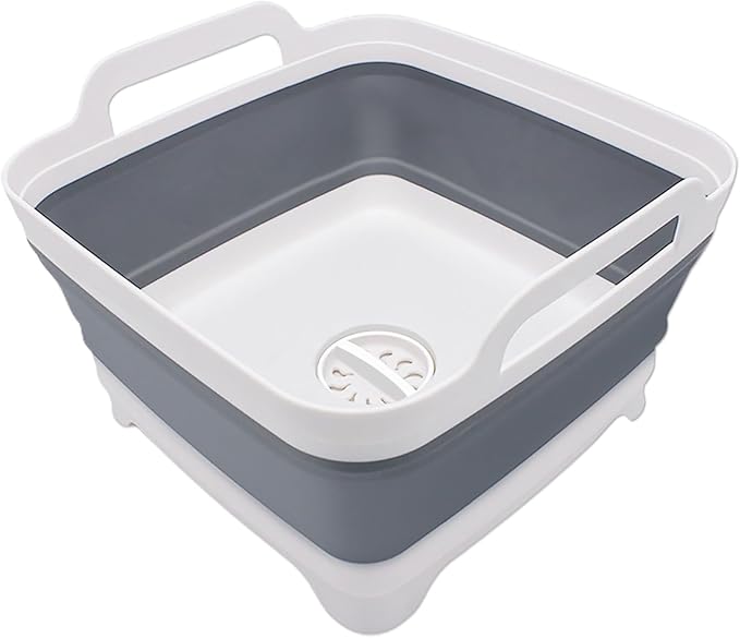 2.4 Gal(9L) Collapsible Dish Basin with Drain Plug, Space Saving Outdoor Multiuse Foldable Sink Tub, Dishpan, Kitchen Storage Tray for Camping, Vegetable Washing, RV (Gray)
