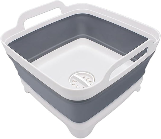 2.4 Gal(9L) Collapsible Dish Basin with Drain Plug, Space Saving Outdoor Multiuse Foldable Sink Tub, Dishpan, Kitchen Storage Tray for Camping, Vegetable Washing, RV (Gray)