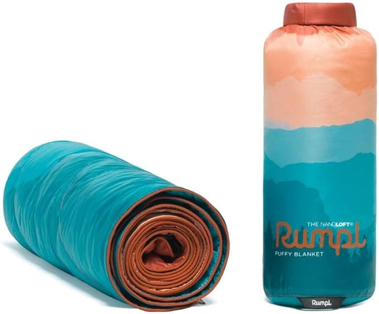 Rumpl The NanoLoft Puffy Blanket | Indoor Outdoor Camping Blanket for Traveling, Picnics, Beach Trips, Concerts | 38" x 52" | Rocky Mountain Sunset Fade, Travel