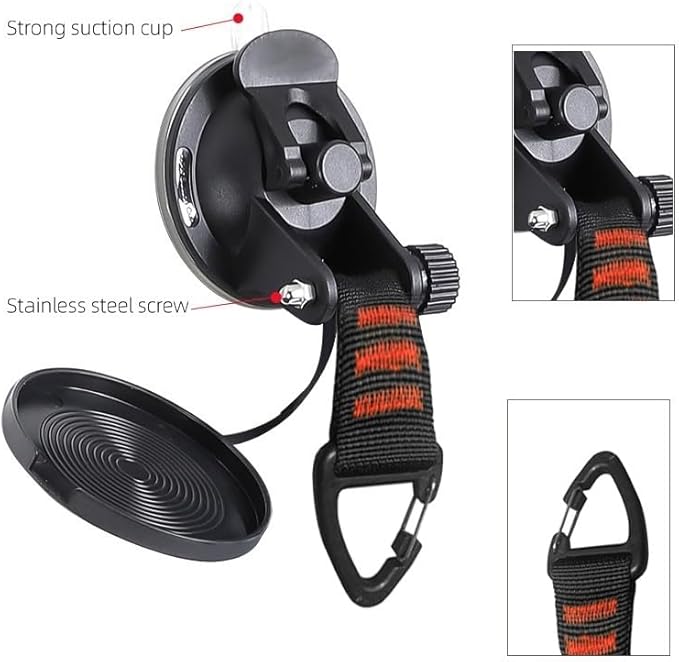 Suction Cups Hooks,Heavy Duty 2 Pieces with Rotatable Hooks Tie Down Suction Cup Camper Accessories with Viscous Silicone Strong Power for Car Boat Awning Camping Trap.(2 pcs Black)