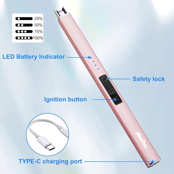 MeeToo Electric Candle Lighter Rechargeable Lighter Type-C Plasma Arc Lighters for Candle Camping Kitchen (Rose Gold)