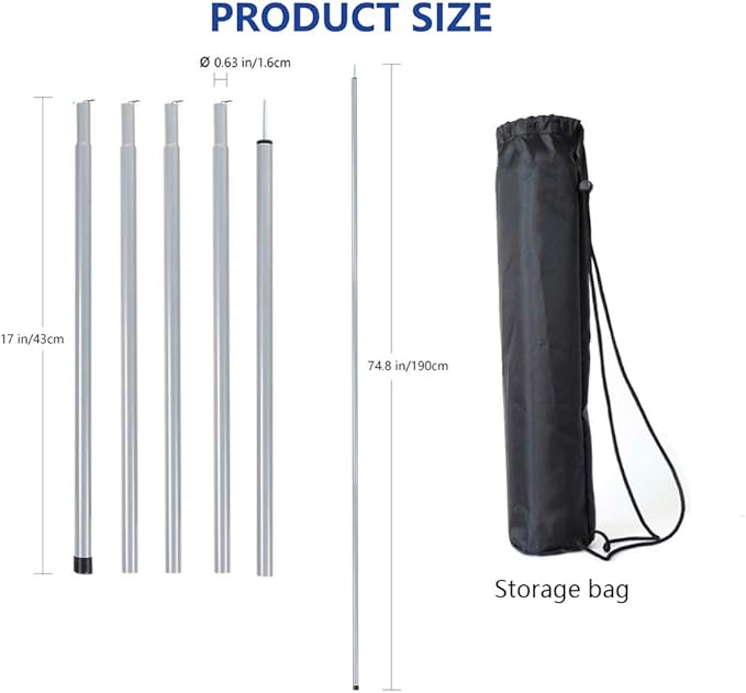 Long Leaf Tent Poles,Adjustable Steel Rods for Camping Tarps,Backpacking,Shelters,Portable Tarp Poles Rods-2 Pack