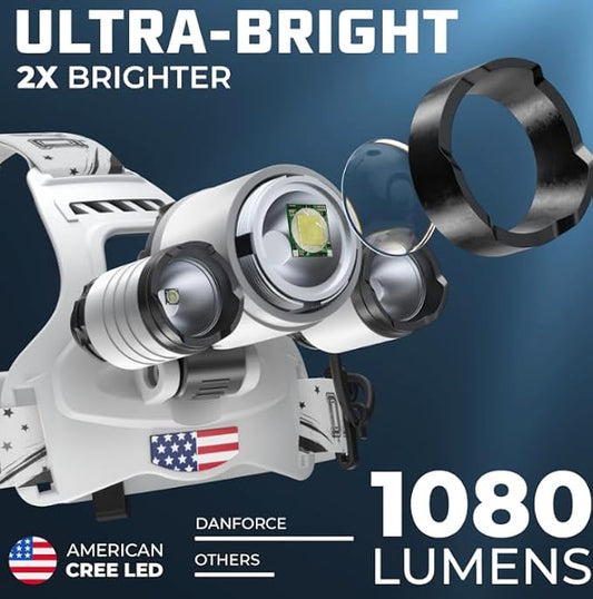 DanForce Headlamp. USB Rechargeable LED Head Lamp. Ultra Bright CREE 1080 Lumen Headlamp Flashlight + Red Light. HeadLamps for Adults, Camping, Outdoors & Hard Hat Light. Zoomable IPX54 Headlight
