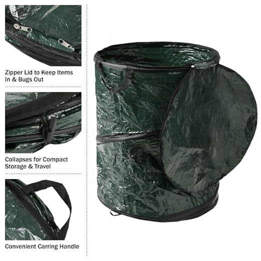Wakeman Collapsible Trash Can - Pop Up 44-Gallon Outdoor Portable Garbage Bag Holder with Zippered Lid - Recycle Bin for Camping or Parties (Green)